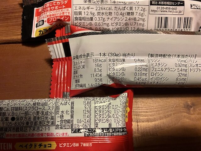 森永、ザバス、アサヒのプロテインバーのたんぱく質とその他の栄養成分です。